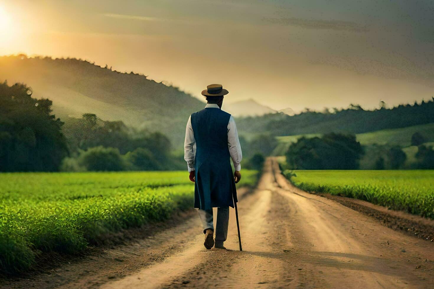 a man in a suit walks down a dirt road. AI-Generated photo