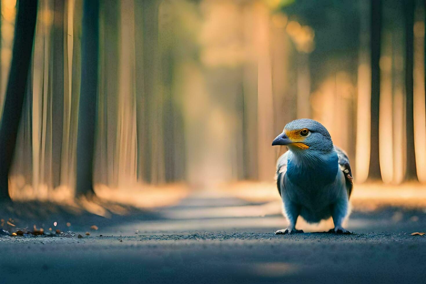 a blue bird standing on the road in the middle of a forest. AI-Generated photo