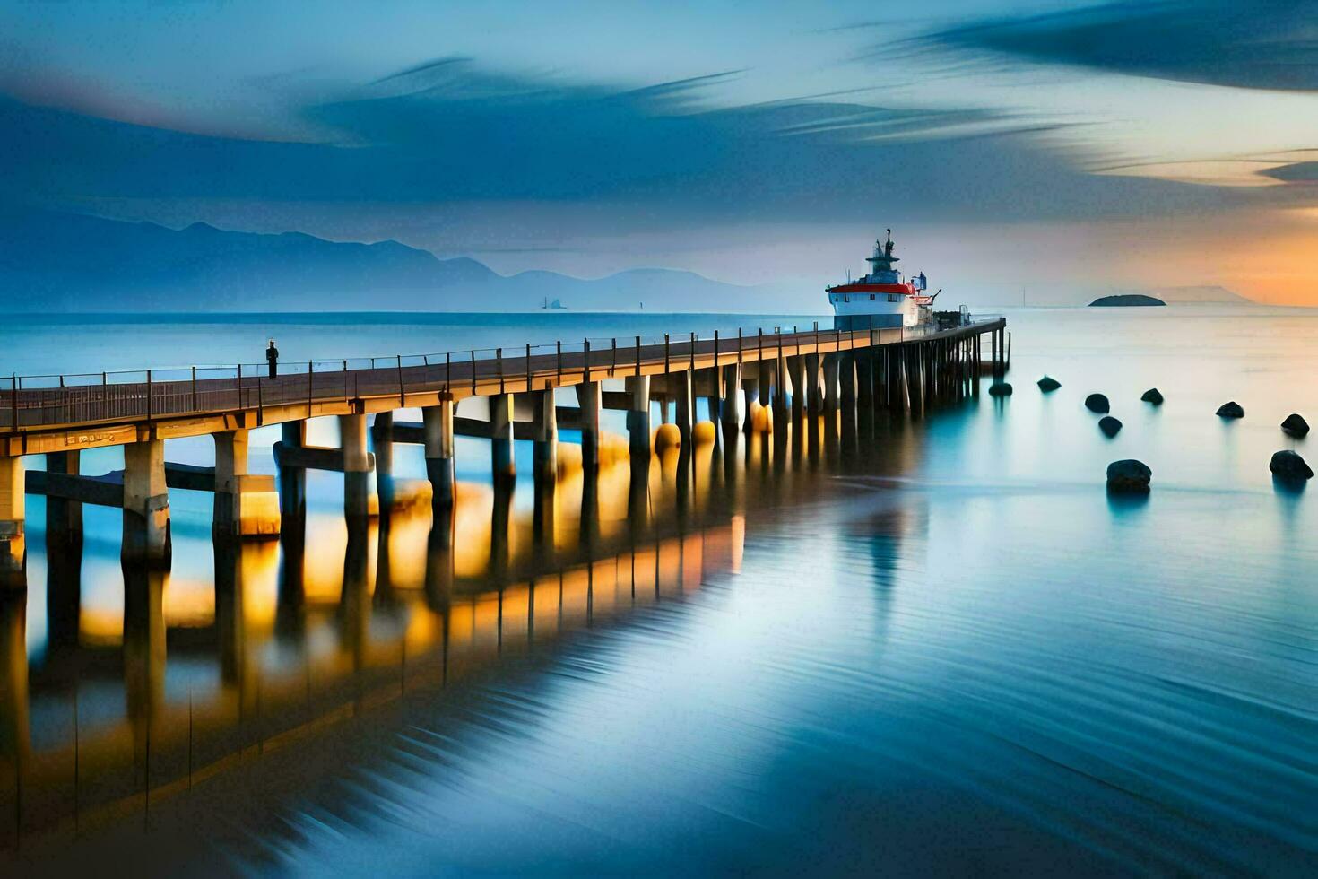 a long exposure photo of a pier at sunset. AI-Generated