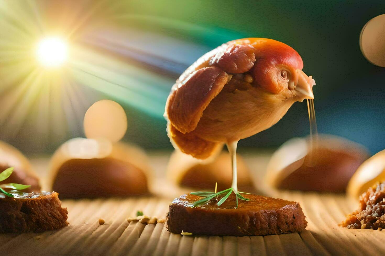 a chicken is sitting on top of a piece of meat. AI-Generated photo