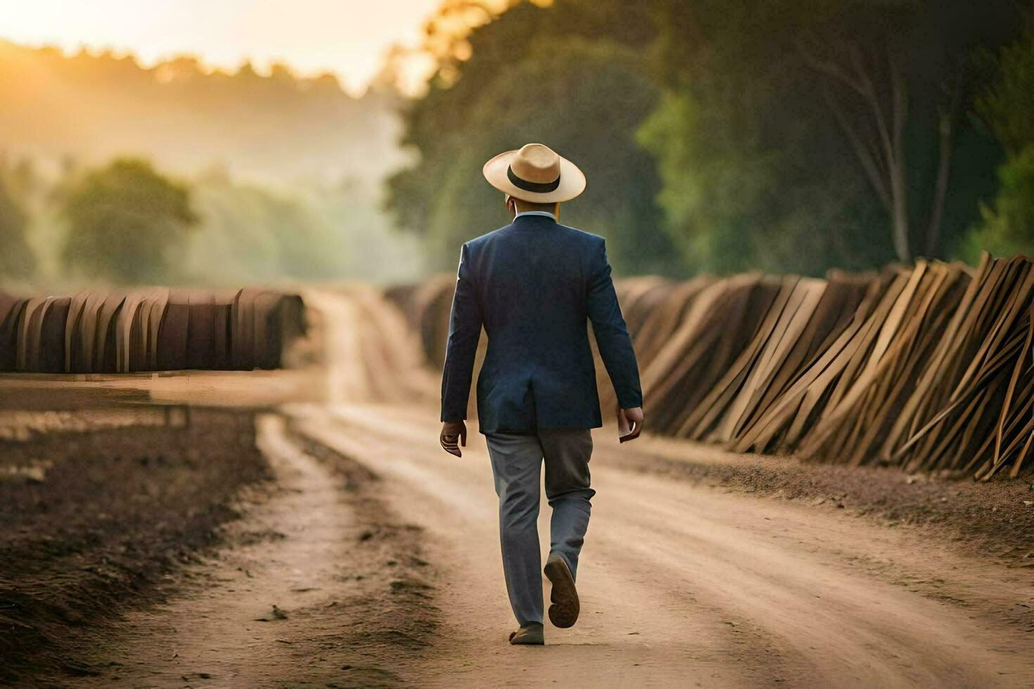 a man in a suit and hat walks down a dirt road. AI-Generated photo