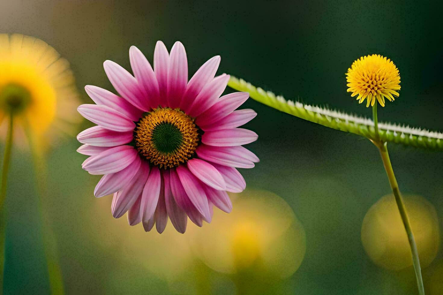 un rosado flor y amarillo flor son en el medio de un campo. generado por ai foto