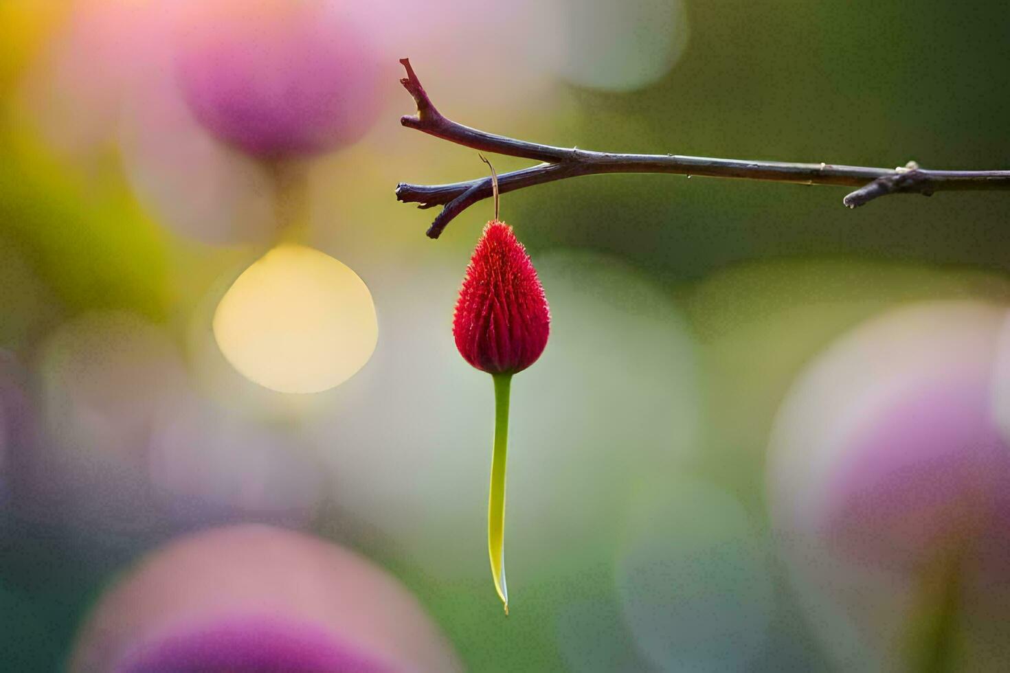 a red flower is hanging from a branch. AI-Generated photo