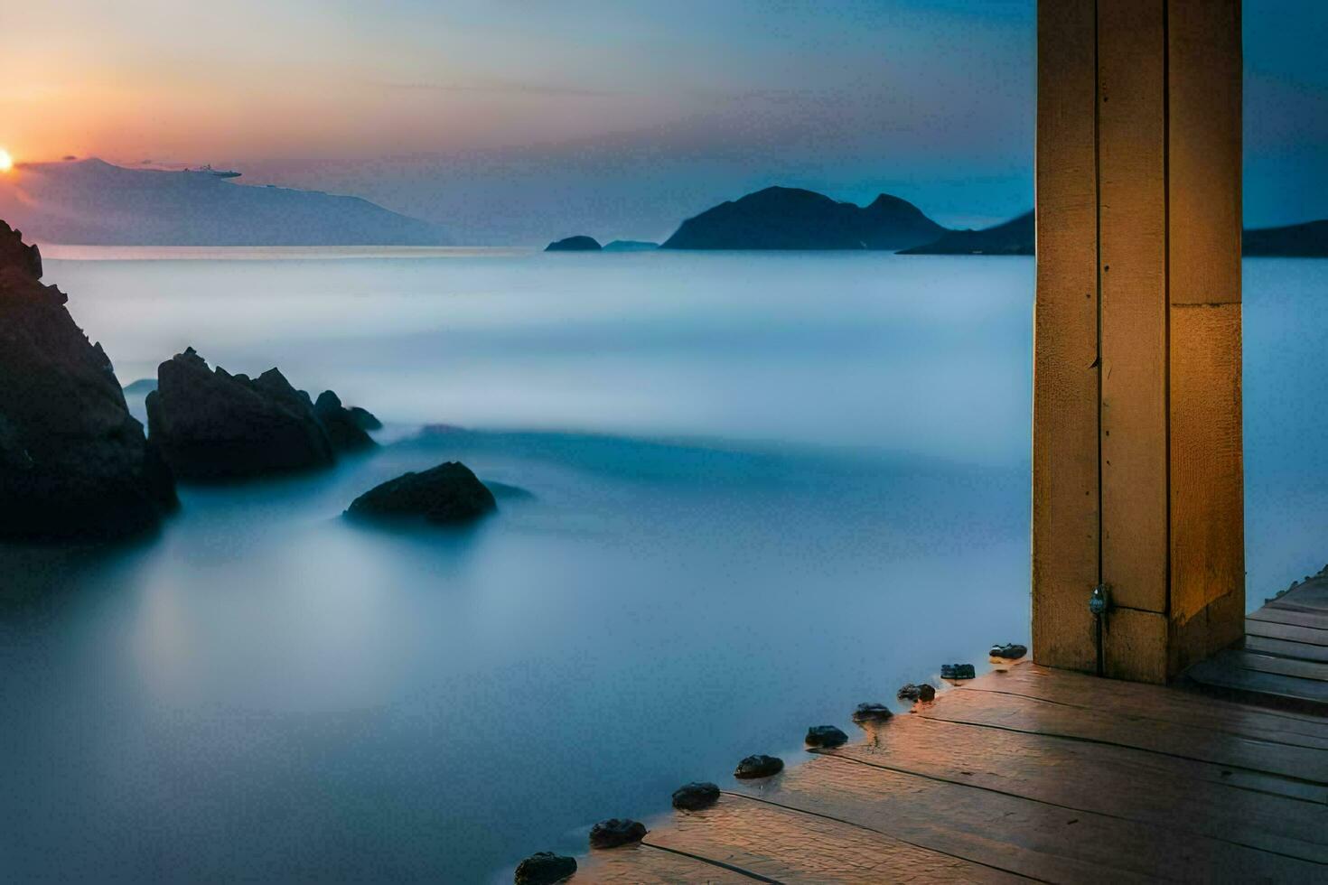 the sun sets over the ocean and rocks. AI-Generated photo
