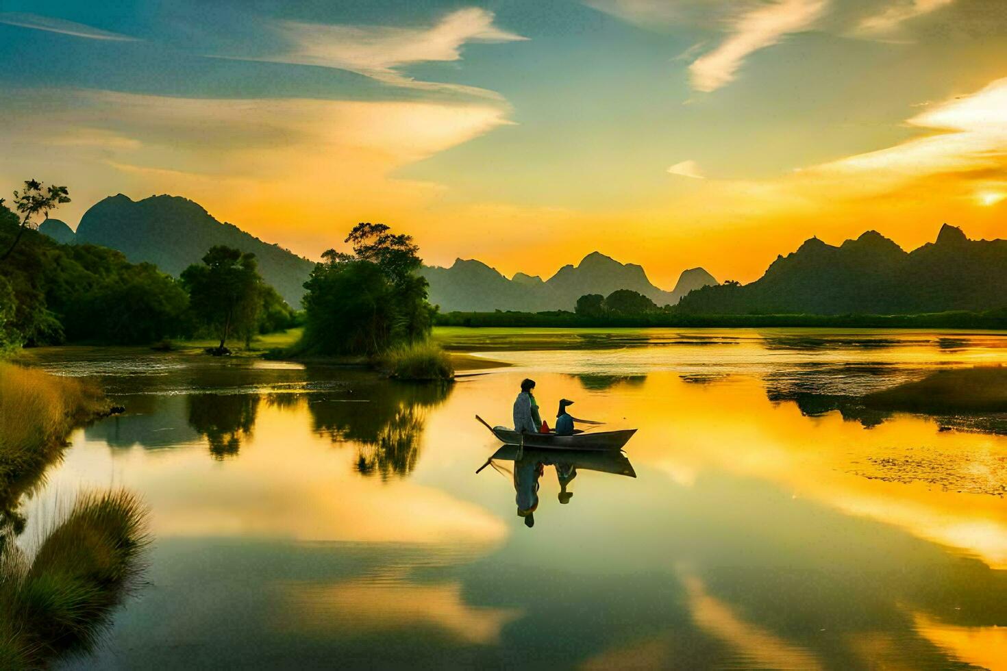 a man and woman in a boat on a river at sunset. AI-Generated photo