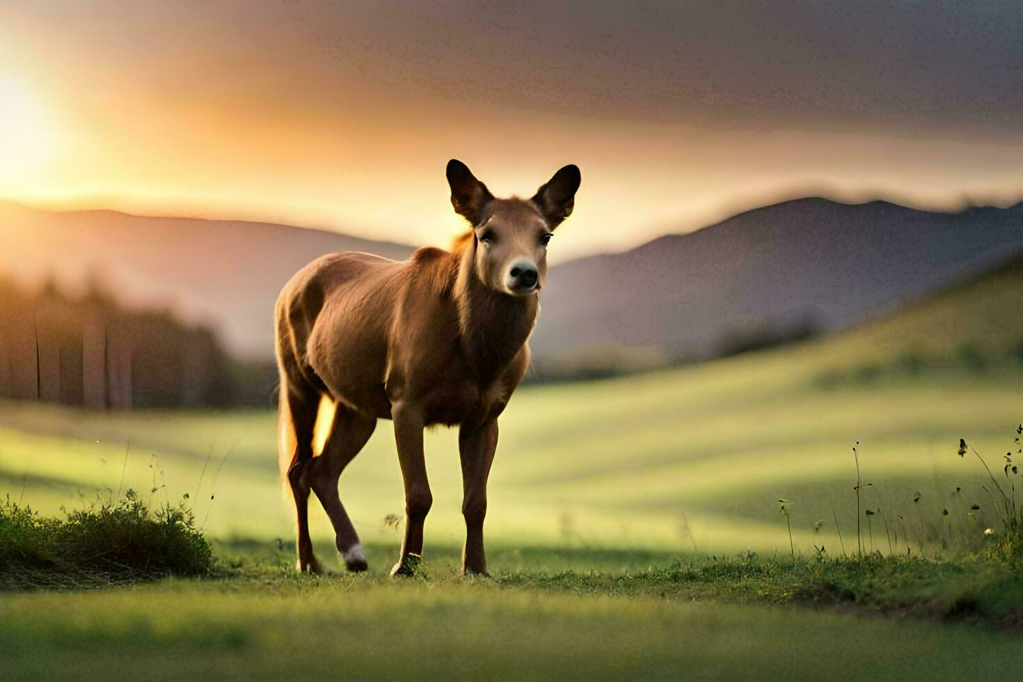 a horse standing in the middle of a field. AI-Generated photo