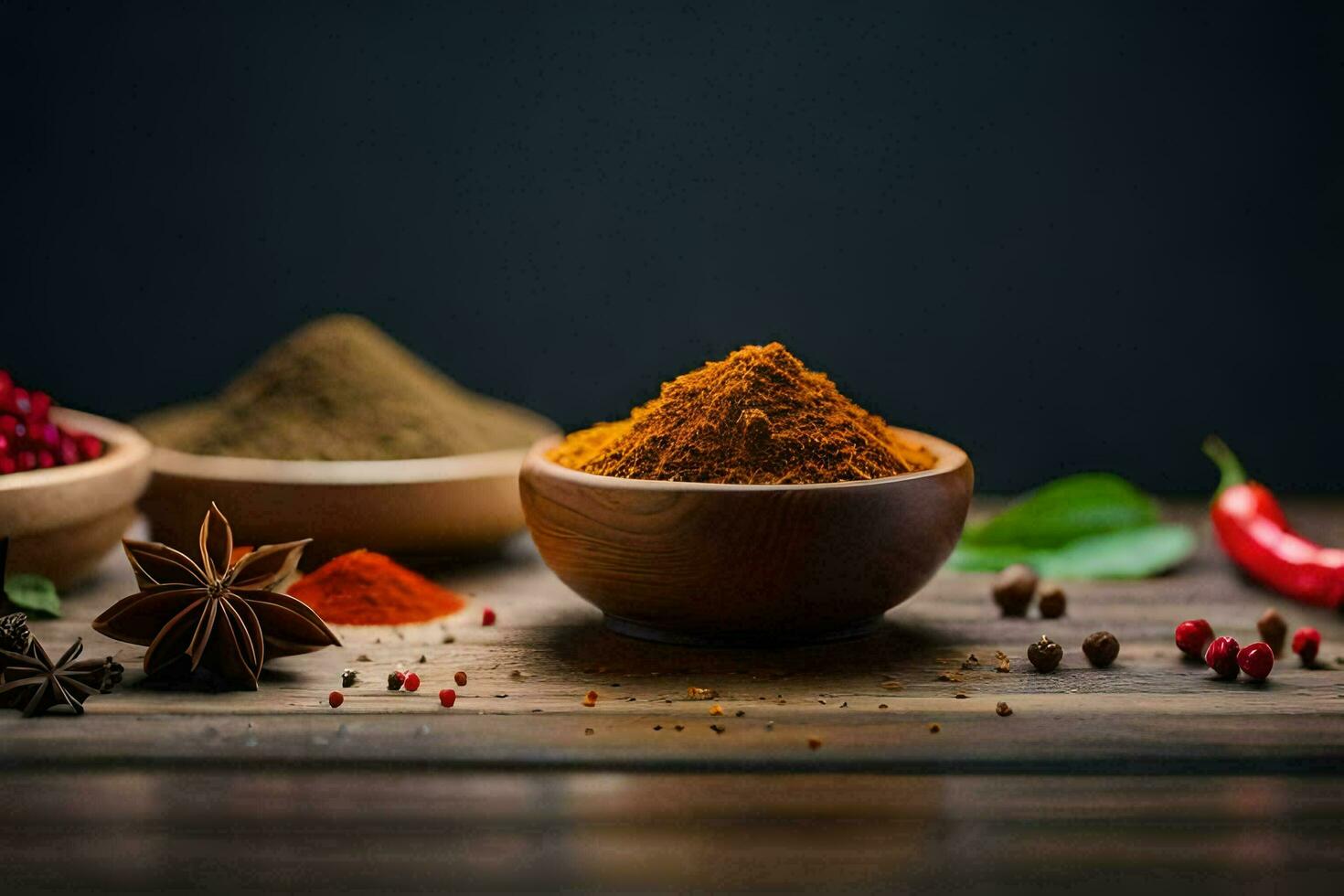spices and spices on a wooden table. AI-Generated photo
