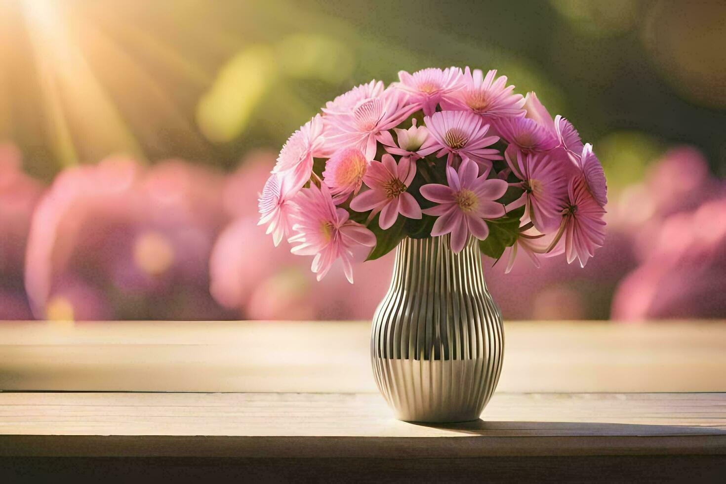 pink flowers in a vase on a table. AI-Generated photo
