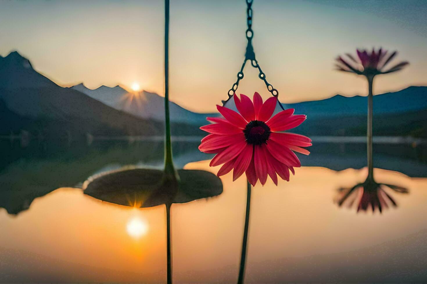 a pink flower hanging from a chain in front of a lake. AI-Generated photo