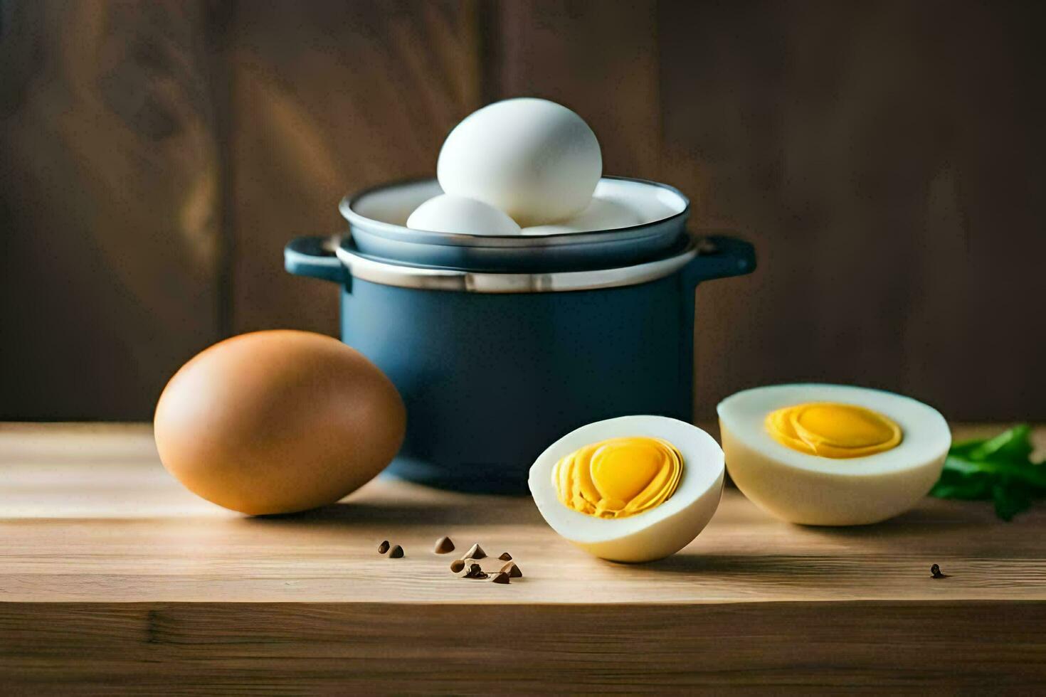 hard boiled eggs on a wooden table. AI-Generated photo