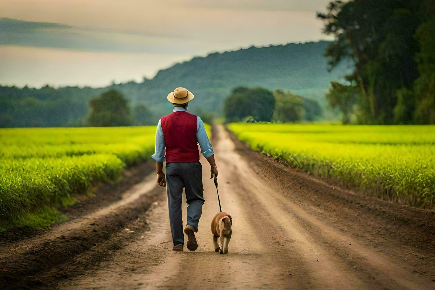 a man walking his dog down a dirt road. AI-Generated photo