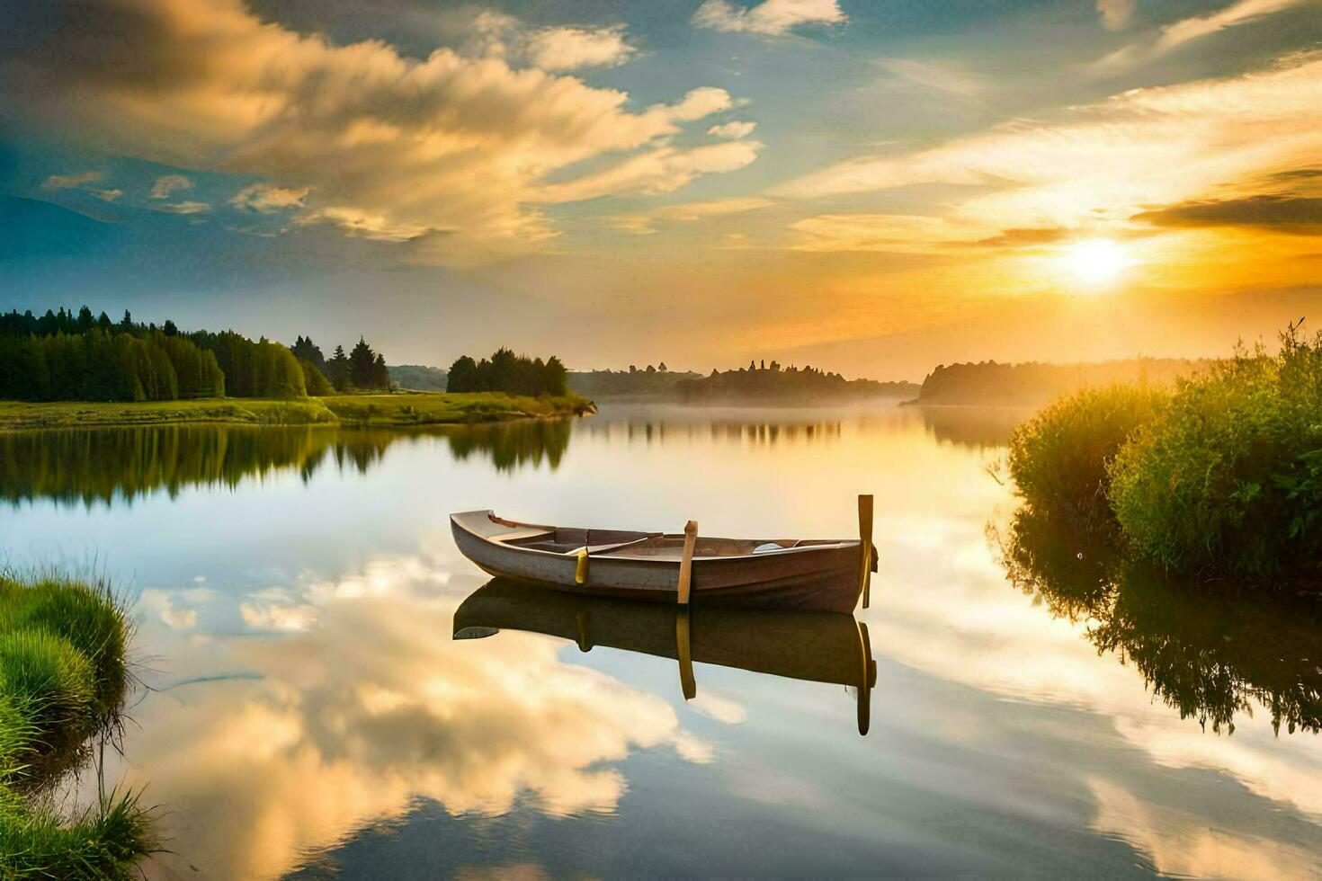 a boat on the lake at sunset. AI-Generated photo