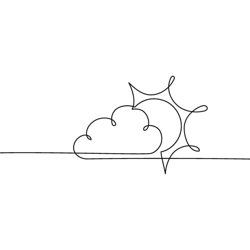 Line cloud one art continuous single sky draw doodle illustration. Outline cloud one line weather sun nature vector sketch simple background graphic white sunshine icon abstract linear minimal summer