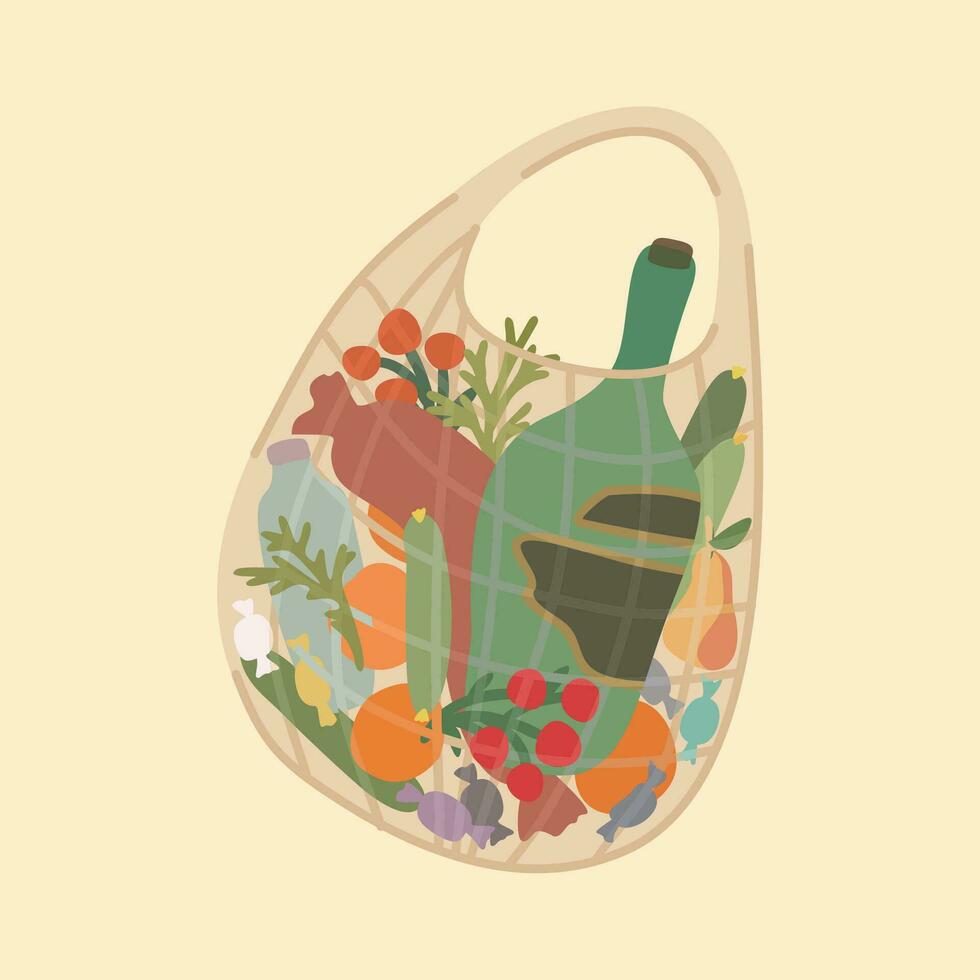 Eco bag with food. Vector isolated illustration. Zero waste concept.