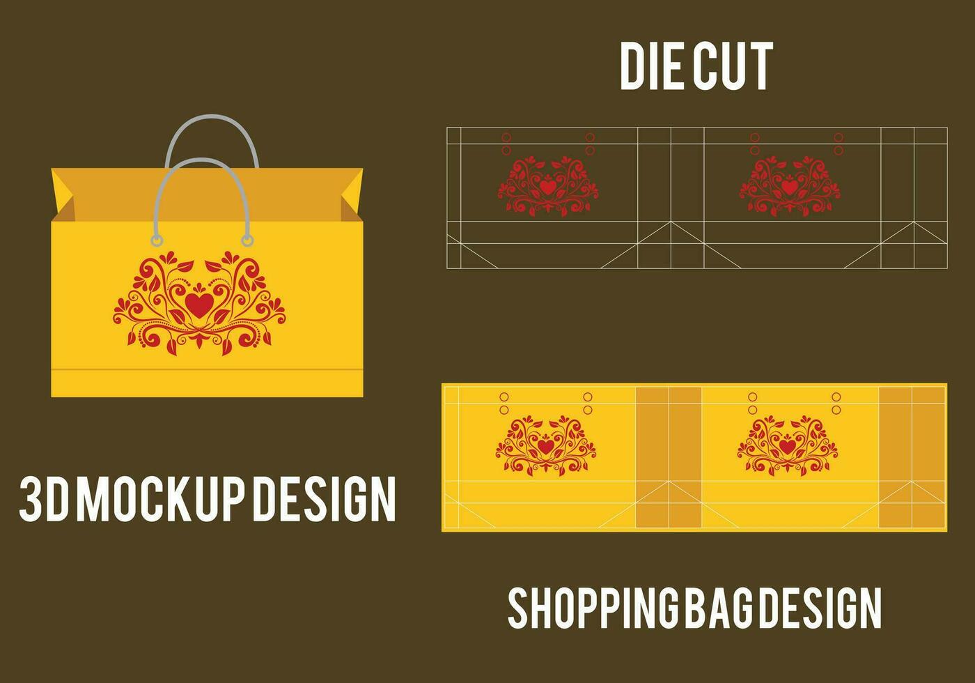 Shopping bag die cut template, paper bag die cut template, 3d bag mockup vector