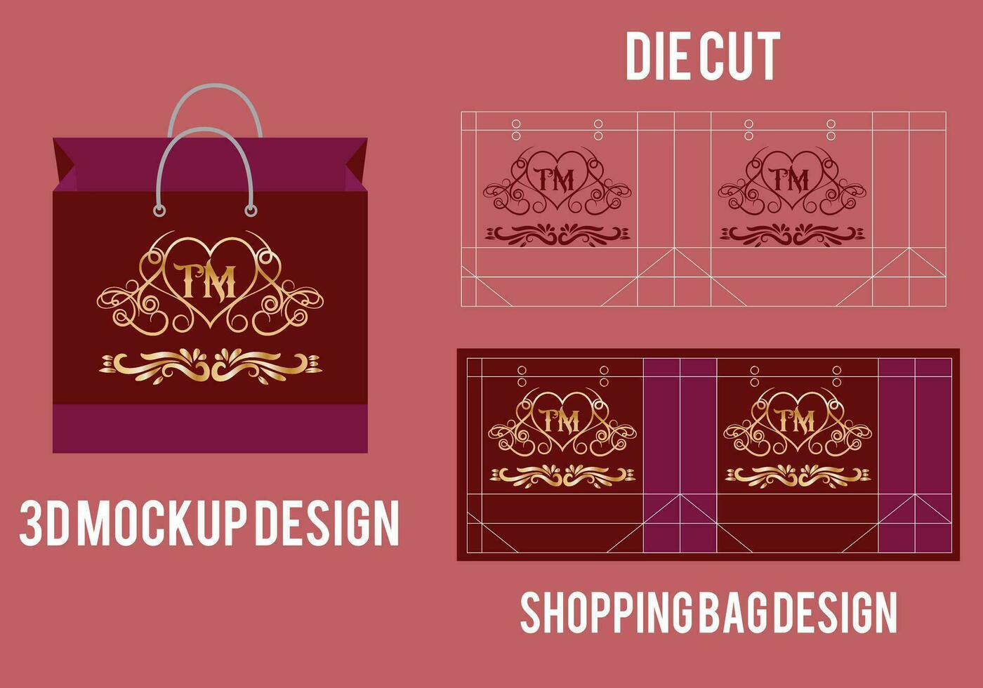 Shopping bag die cut template, paper bag die cut template, 3d bag mockup vector