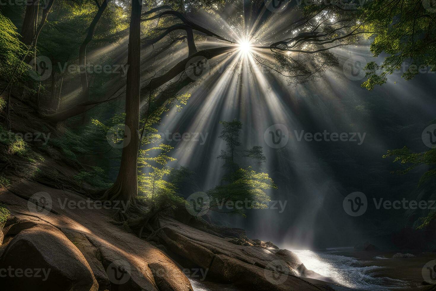 Scenic landscape rays of light in the forest created with generative ai technology photo