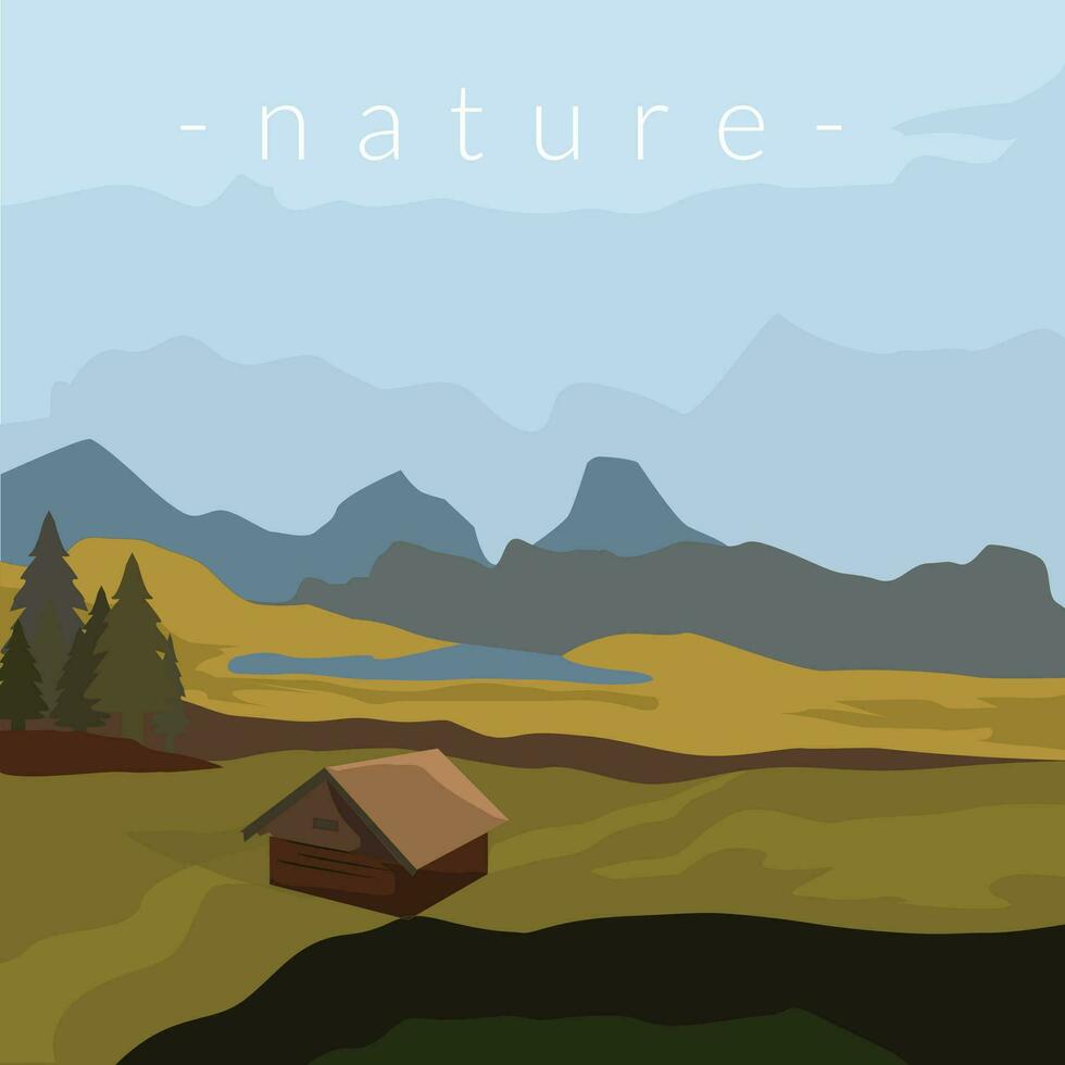 hut in the meadow.Nature landscape vector illustration.