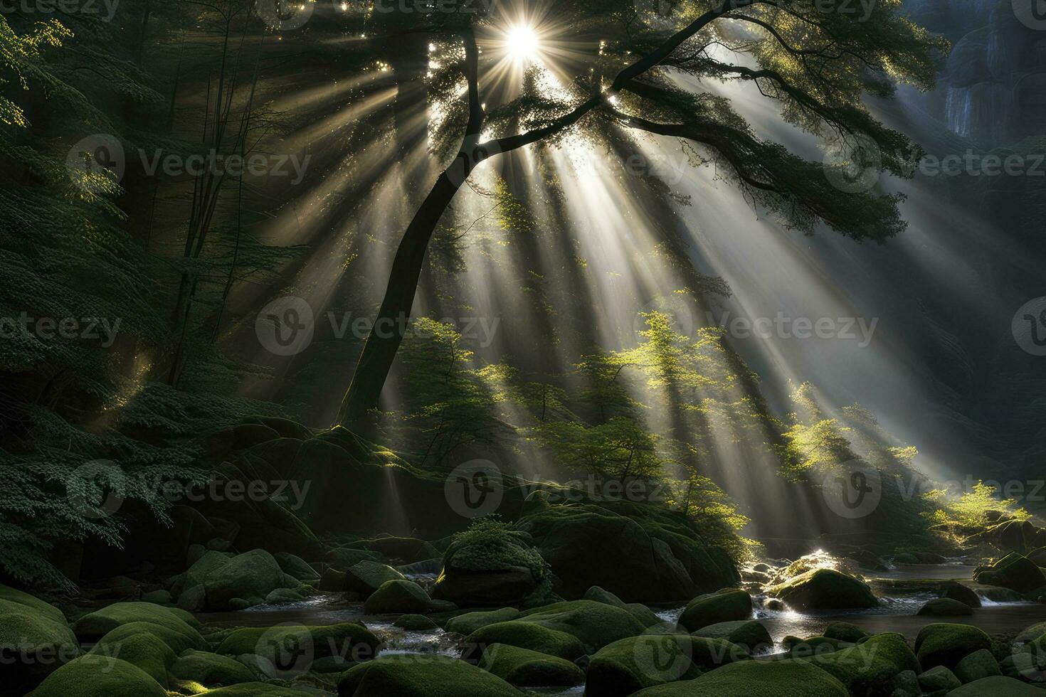 Scenic landscape rays of light in the forest created with generative ai technology photo