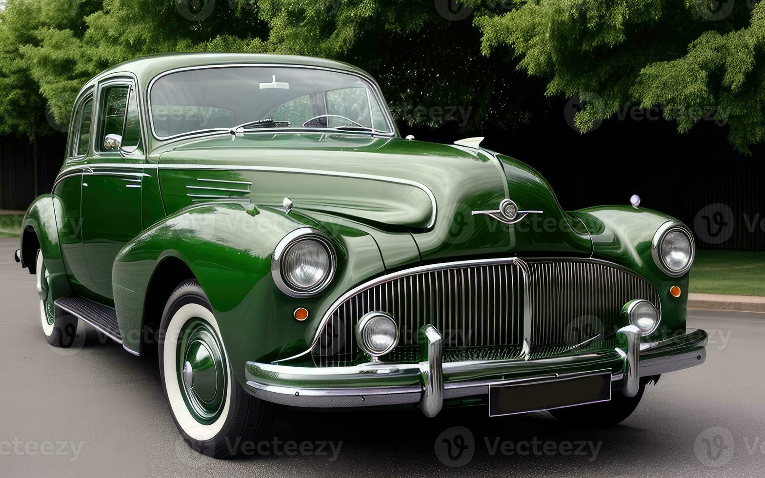 Vehicle Concept Background Green Vintage Car On The Road Created With AI Generative photo