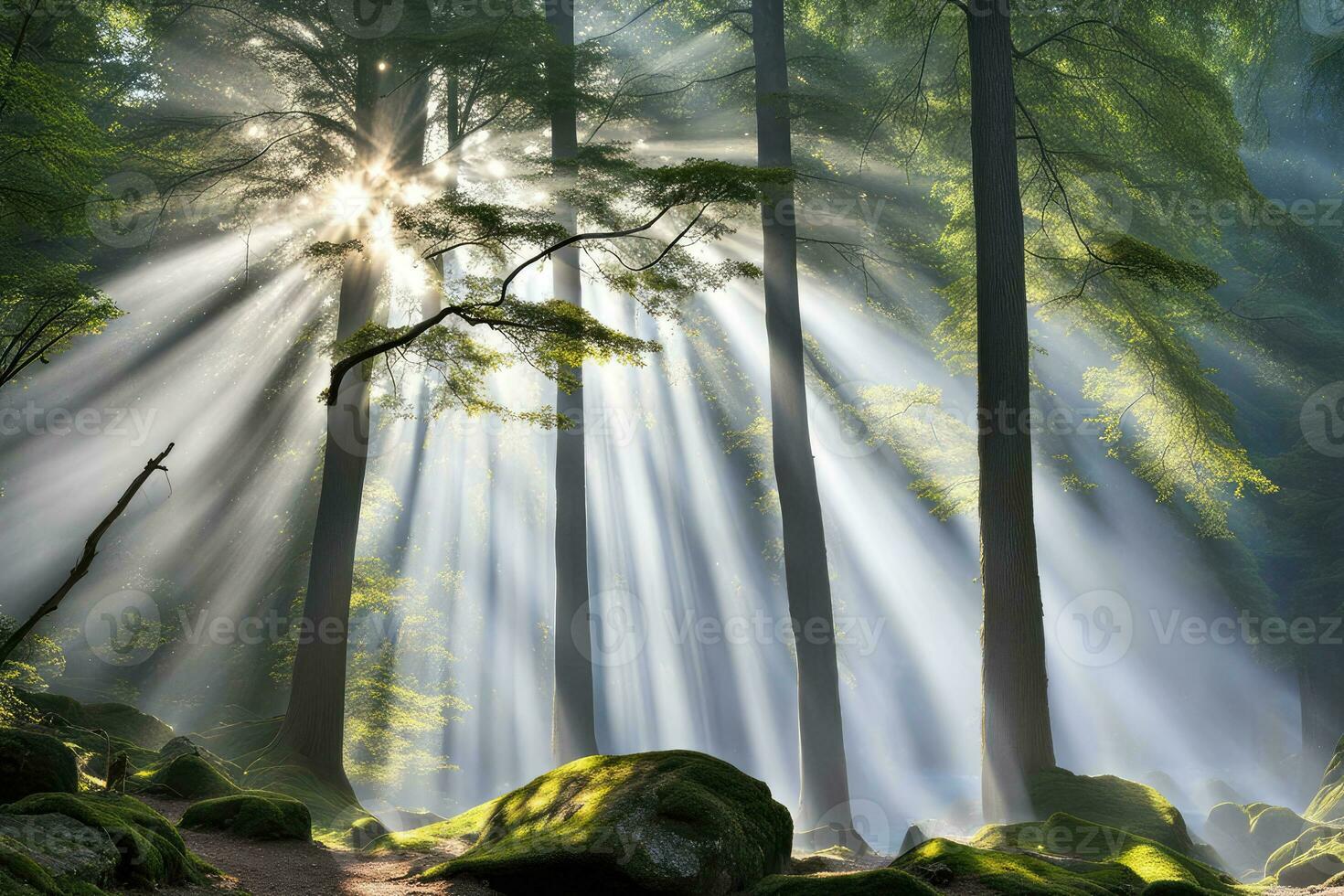 Scenic landscape rays of light in the forest created with generative ai technology photo