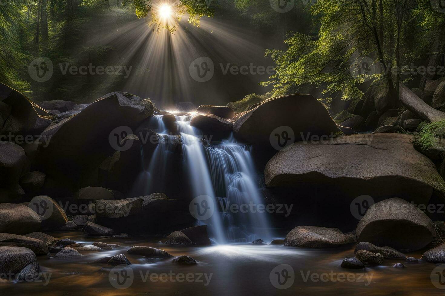 Scenic landscape rays of light on waterfall created with generative ai technology photo
