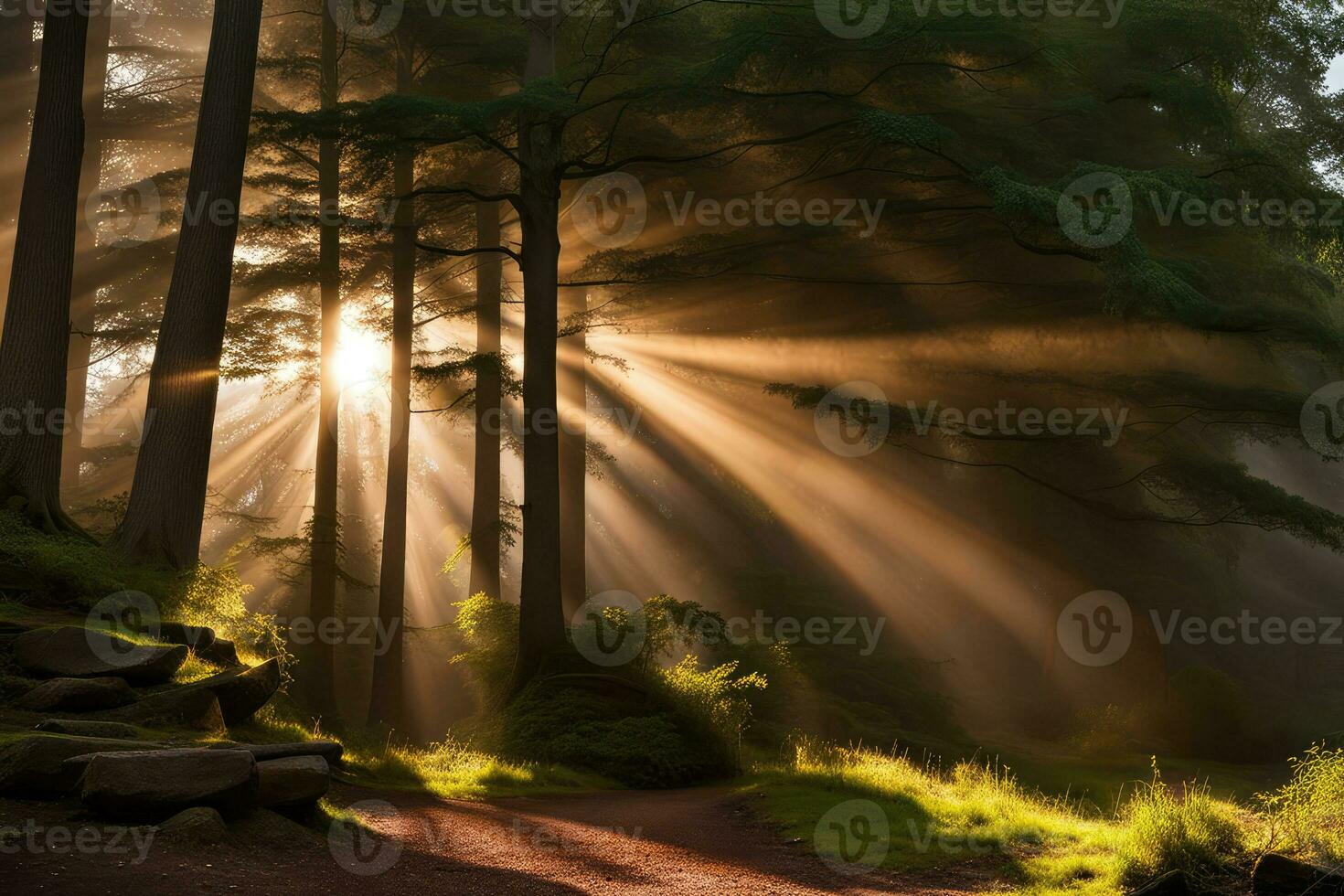 Scenic landscape rays of light in the forest created with generative ai technology photo
