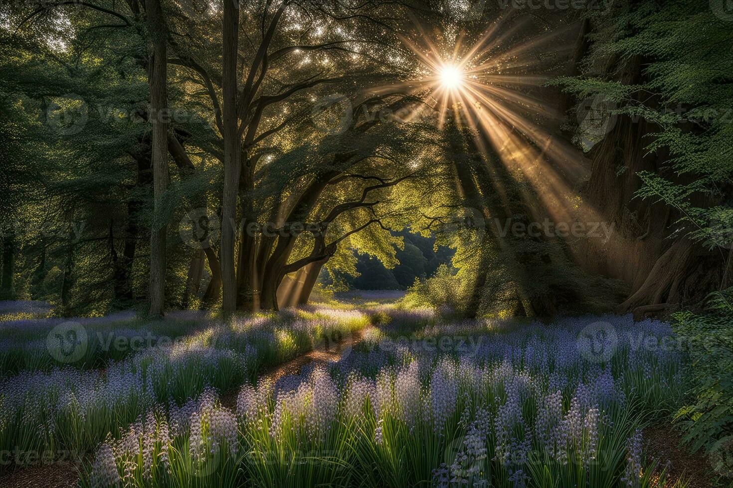 Scenic landscape rays of light in the forest created with generative ai technology photo