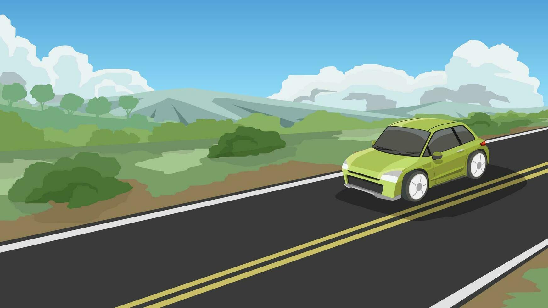 Perspective view cars green color driving on asphalt road. With hills and surrounded by green grass and trees. under blue sky and clouds. vector