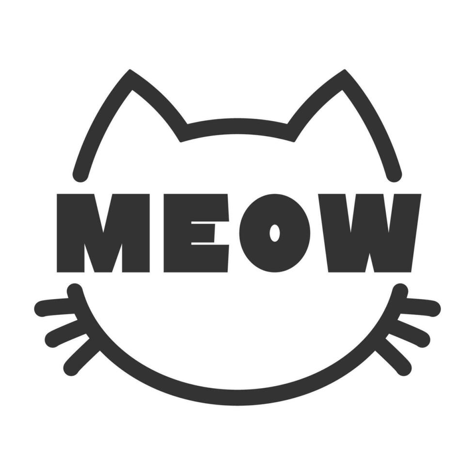 Meow lettering inside cat head pictogram, with ears and whiskers. Cute design for feline lovers and cat moms. vector