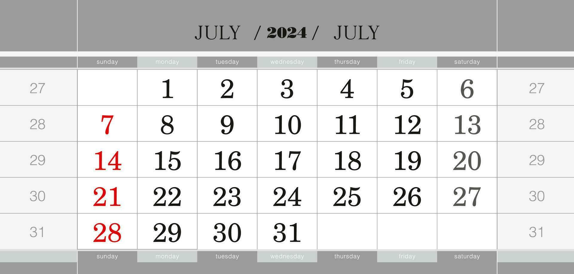 July 2024 quarterly calendar block. Wall calendar in English, week starts from Sunday. vector