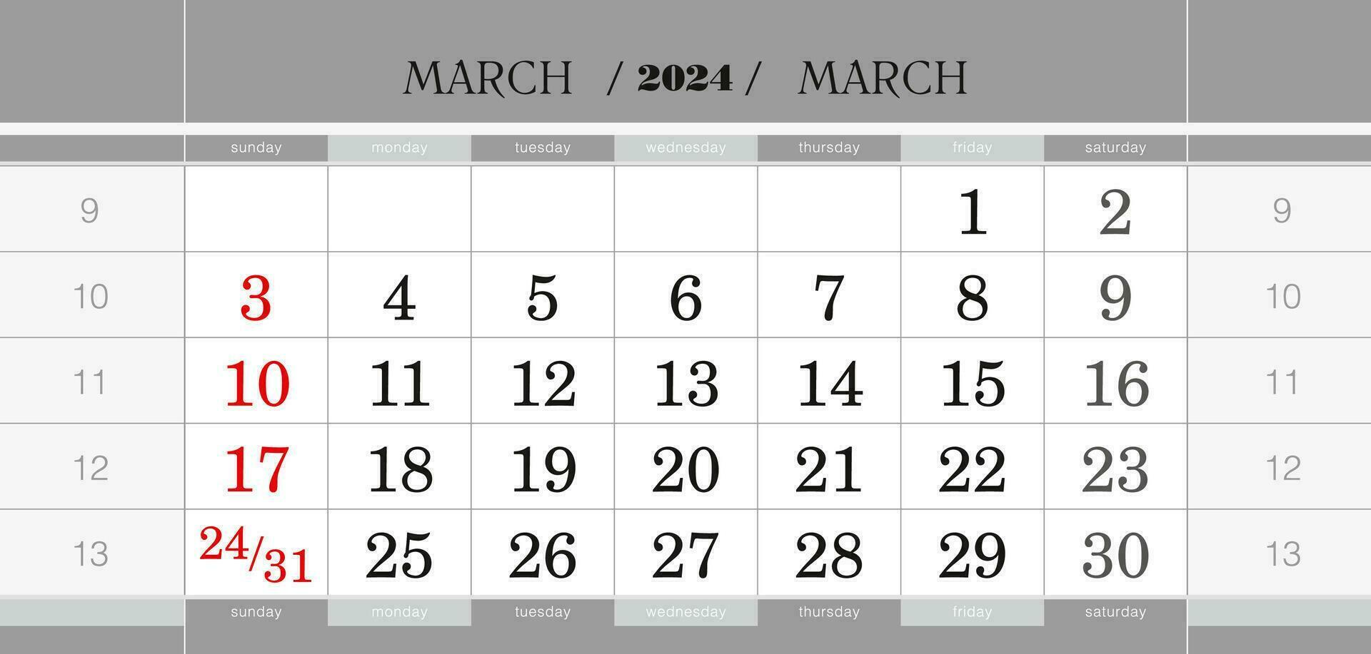 March 2024 quarterly calendar block. Wall calendar in English, week starts from Sunday. vector