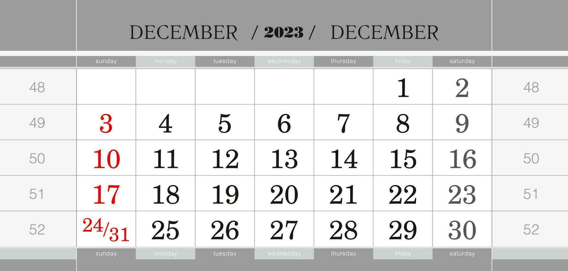 December 2021 quarterly calendar block. Wall calendar in English, week starts from Sunday. vector