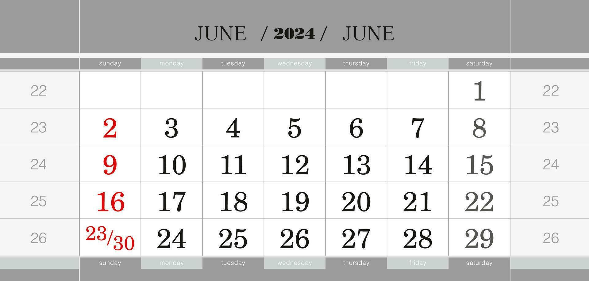 June 2024 quarterly calendar block. Wall calendar in English, week starts from Sunday. vector