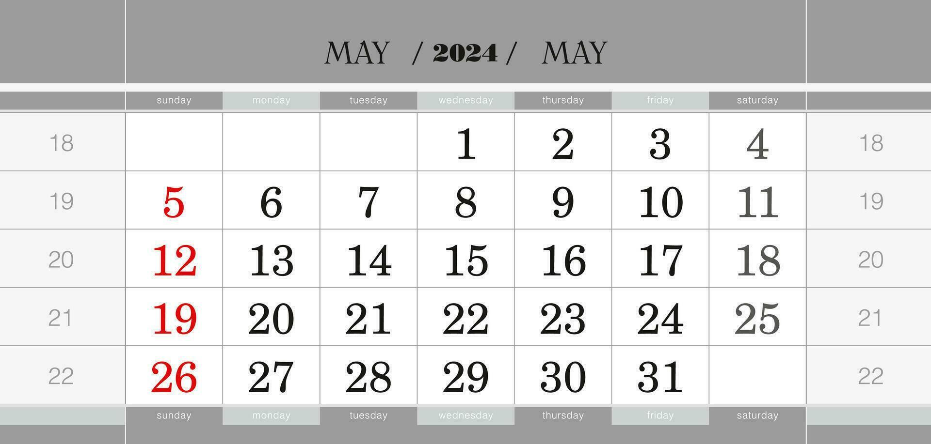 May 2024 quarterly calendar block. Wall calendar in English, week starts from Sunday. vector