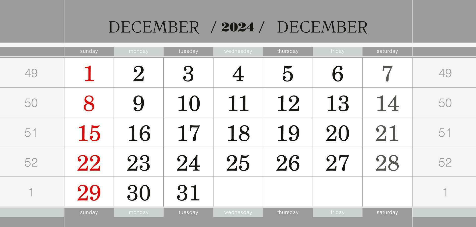 December 2024 quarterly calendar block. Wall calendar in English, week starts from Sunday. vector