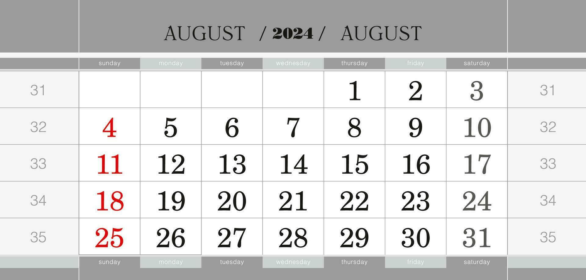 agosto 2024 trimestral calendario bloquear. pared calendario en inglés, semana empieza desde domingo. vector