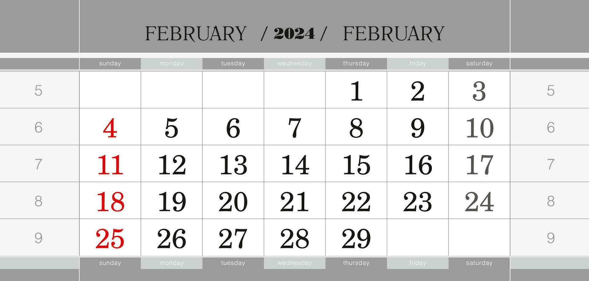 February 2024 quarterly calendar block. Wall calendar in English, week starts from Sunday. vector