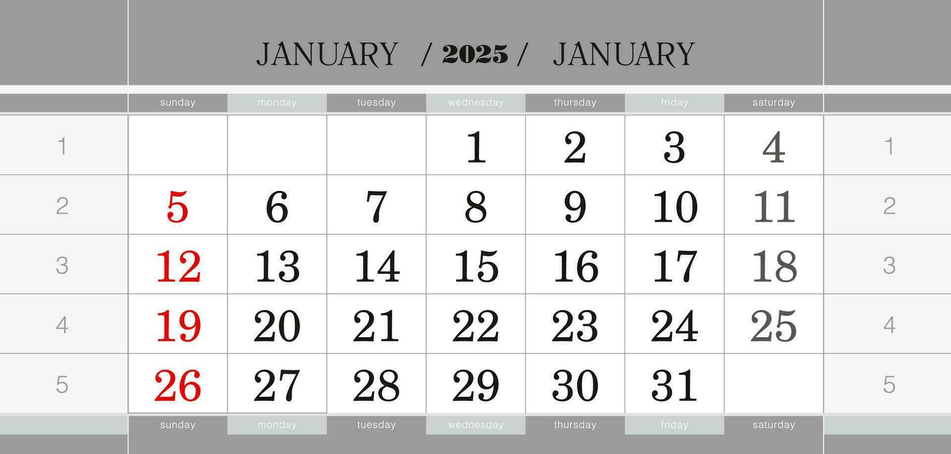 January 2024 quarterly calendar block. Wall calendar in English, week starts from Sunday. vector