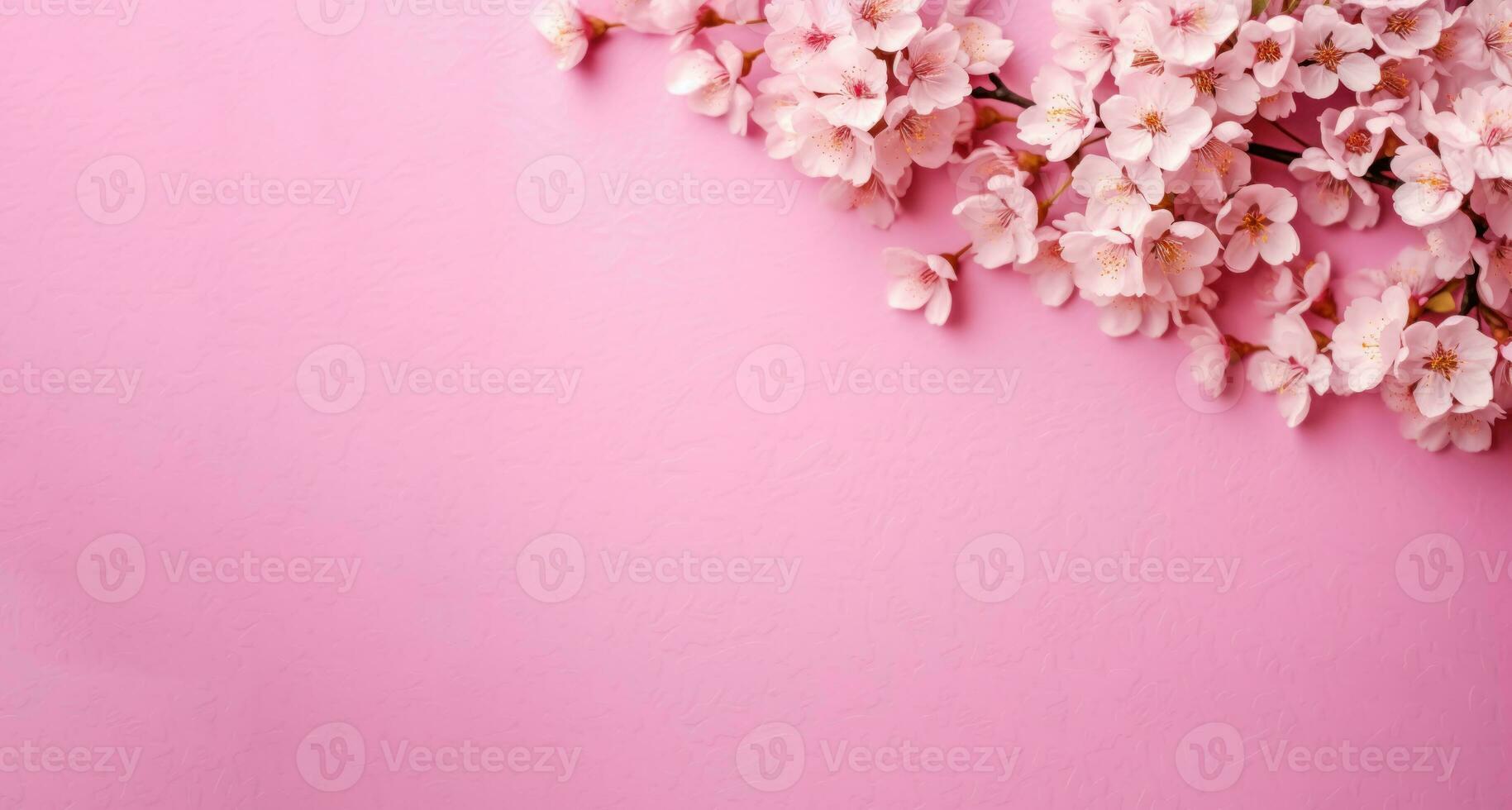 pink color paper background decorated with  cherry blossom flowers. Flat lay banner AI generated photo