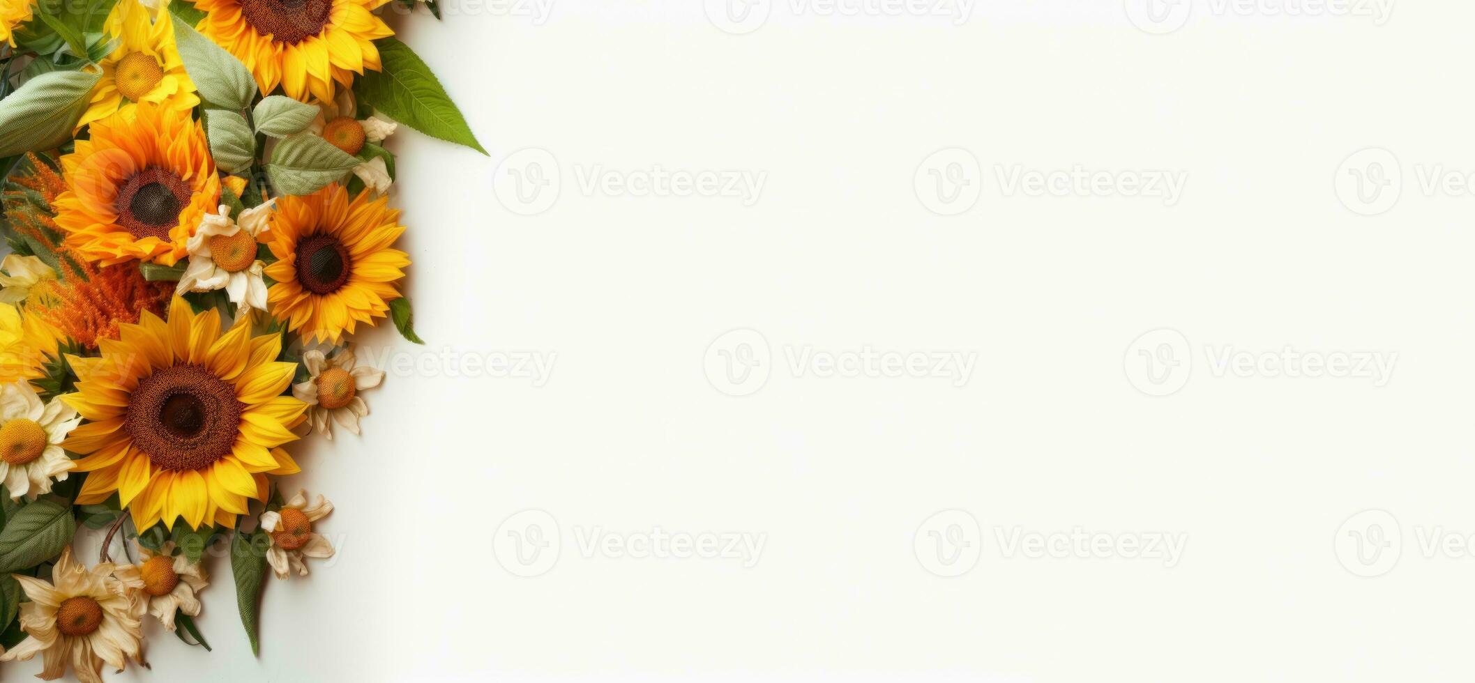 Yellow flowers sunflower on white background with space for text banner AI generated photo