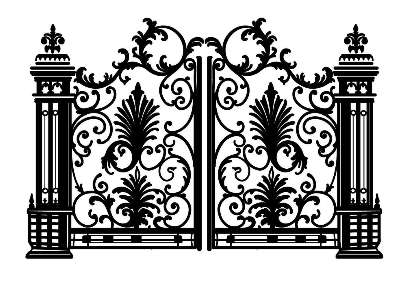 antiguo metal puerta. negro en blanco bosquejo de forjado hierro doble jardín puertas Iglesia portón con rollos y hojas. vector