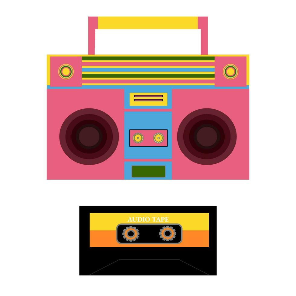 Colorful retro boombox and Audio cassette vector