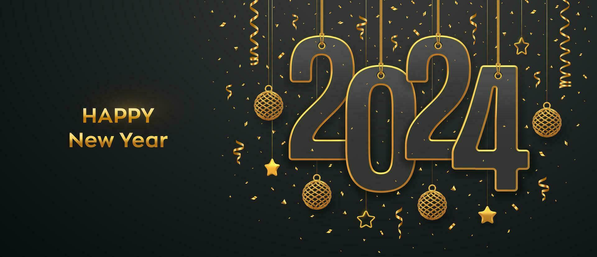 Happy New 2024 Year. Hanging on gold ropes numbers 2024 with shining 3D metallic stars, balls and confetti on black background. New Year greeting card, banner template. Realistic Vector illustration.