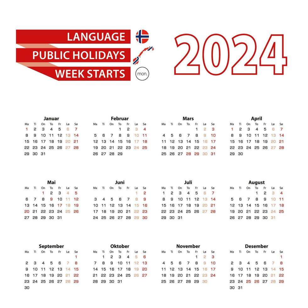 Calendar 2024 in Norwegian language with public holidays the country of Norway in year 2024. vector