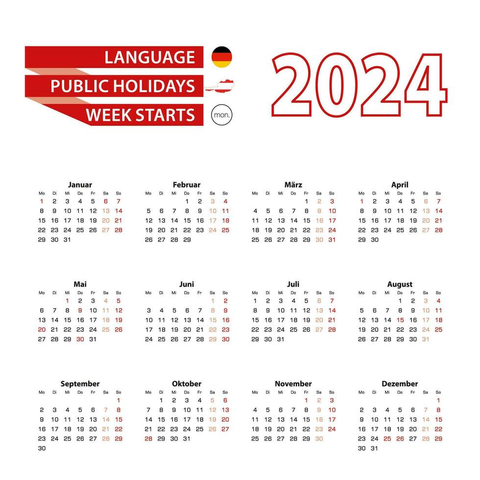 Calendar 2024 in Germany language with public holidays the country of Austria in year 2024. vector