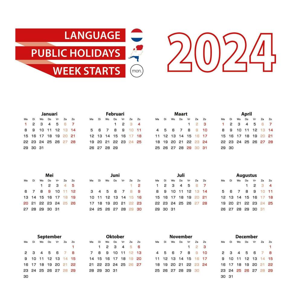 Calendar 2024 in Dutch language with public holidays the country of Netherlands in year 2024. vector