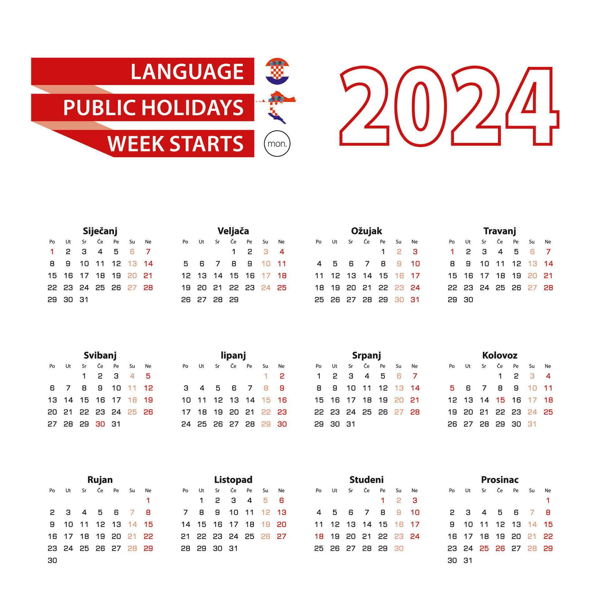 Calendar 2024 in Croatian language with public holidays the country of