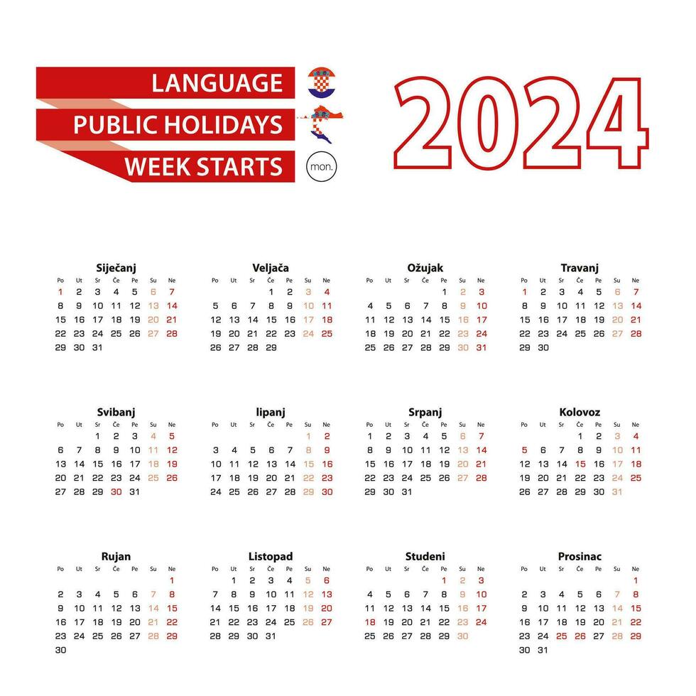 Calendar 2024 in Croatian language with public holidays the country of Croatia in year 2024. vector