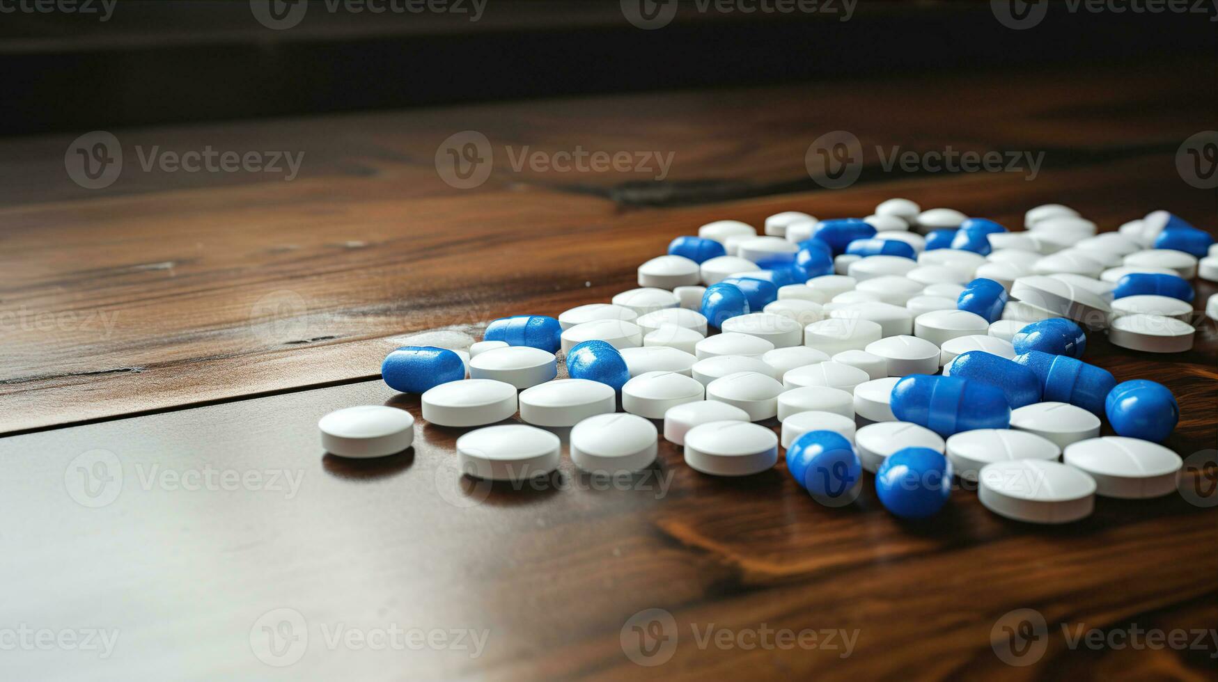 Pills tablets spilling on wood table. Created with Generative AI photo